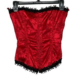 Floral Brocade Corset Top Small Red Black Lace Up Sweetheart See Measurement